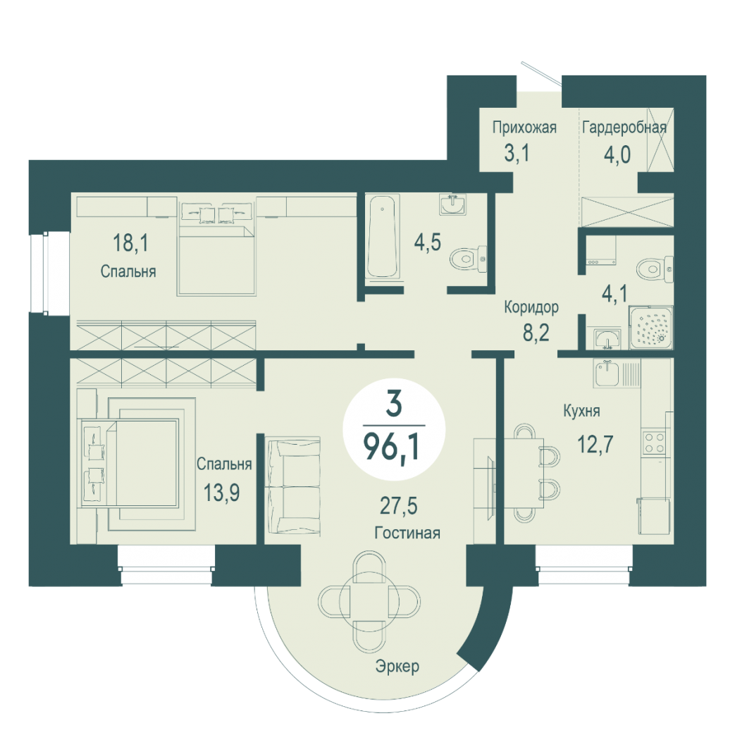 Фото объекта 3-комнатная квартира в SCANDIS OZERO, улица Авиаторов, 18, 2-й этаж, 3к, 96.10м² от застройщика Арбан — 10253