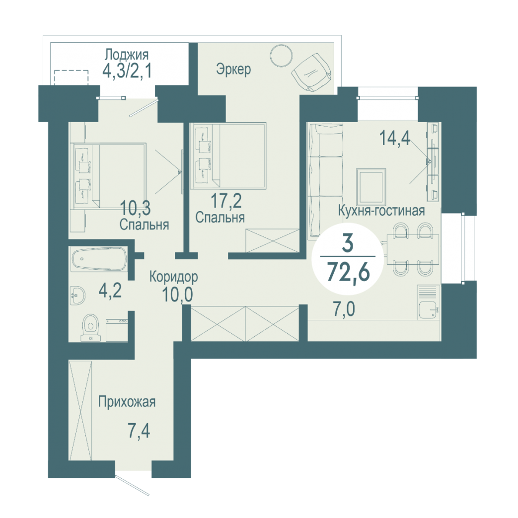 Фото объекта 3-комнатная квартира в SCANDIS OZERO, улица Авиаторов, 18, 14-й этаж, 3к, 72.60м² от застройщика Арбан — 10284