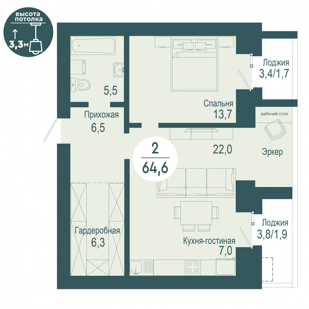 Фото объекта 2-комнатная квартира в SCANDIS OZERO, улица Авиаторов, 20, 17-й этаж, 2к, 64.60м² от застройщика Арбан — 10362