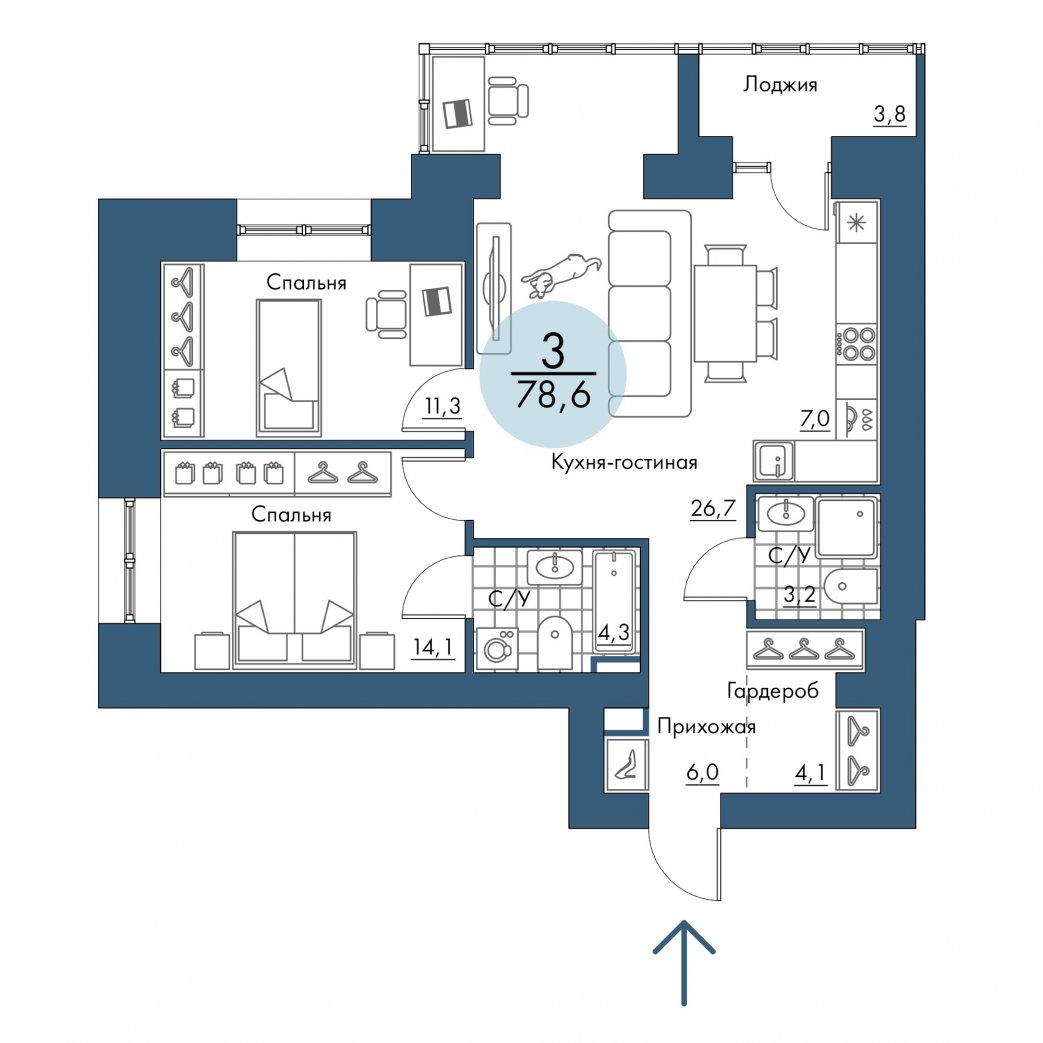 Фото объекта 3-комнатная квартира в ПОРТОВЫЙ - лофт-район на берегу Енисея, Складксая, 15-й этаж, 3к, 78.60м² от застройщика Арбан — 21016