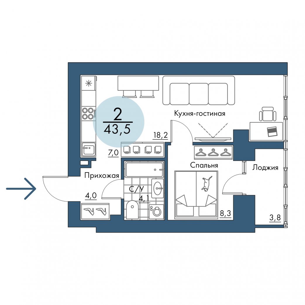 Фото объекта 2-комнатная квартира в ПОРТОВЫЙ - лофт-район на берегу Енисея, Складксая, 9-й этаж, 2к, 43.50м² от застройщика Арбан — 20970