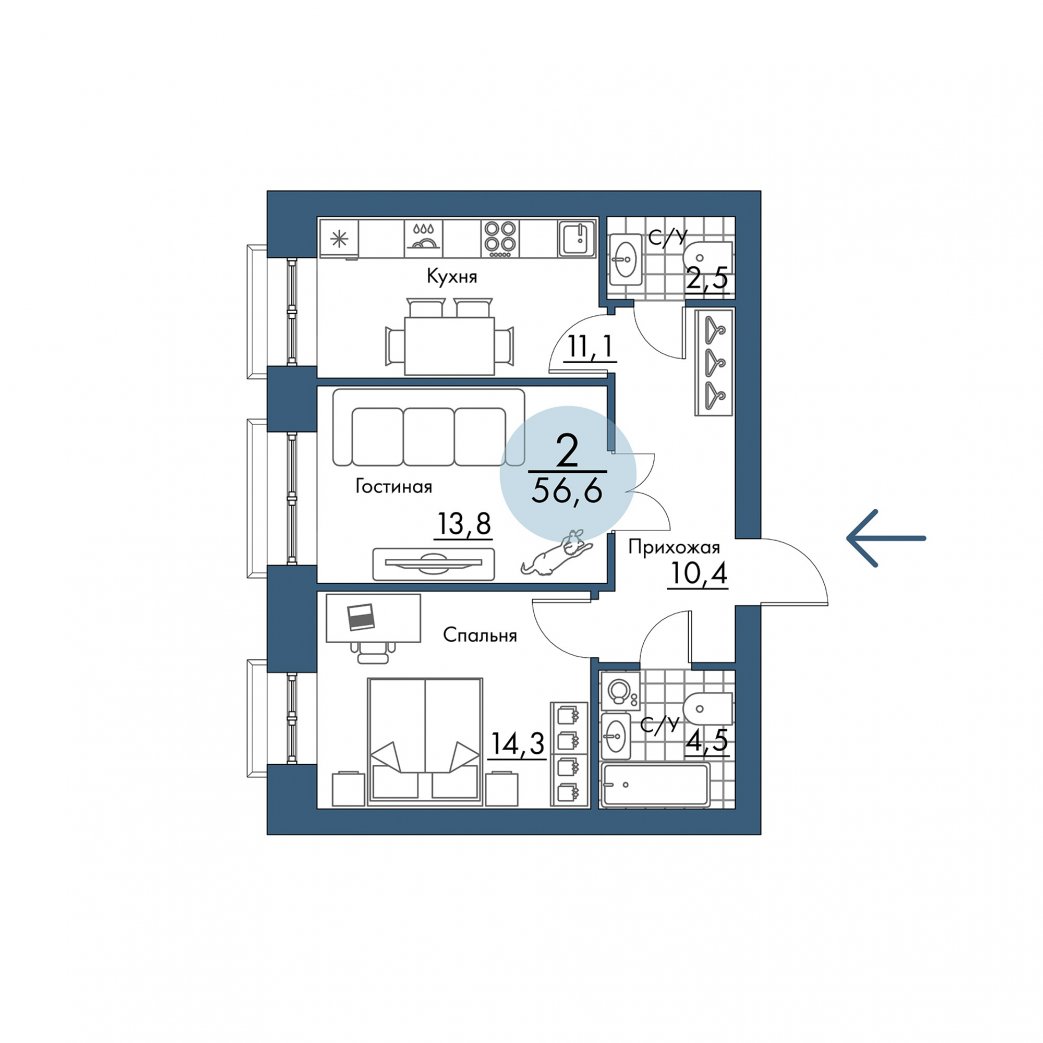 Фото объекта 2-комнатная квартира в ПОРТОВЫЙ - лофт-район на берегу Енисея, Складкская, 2-й этаж, 2к, 56.60м² от застройщика Арбан — 21037