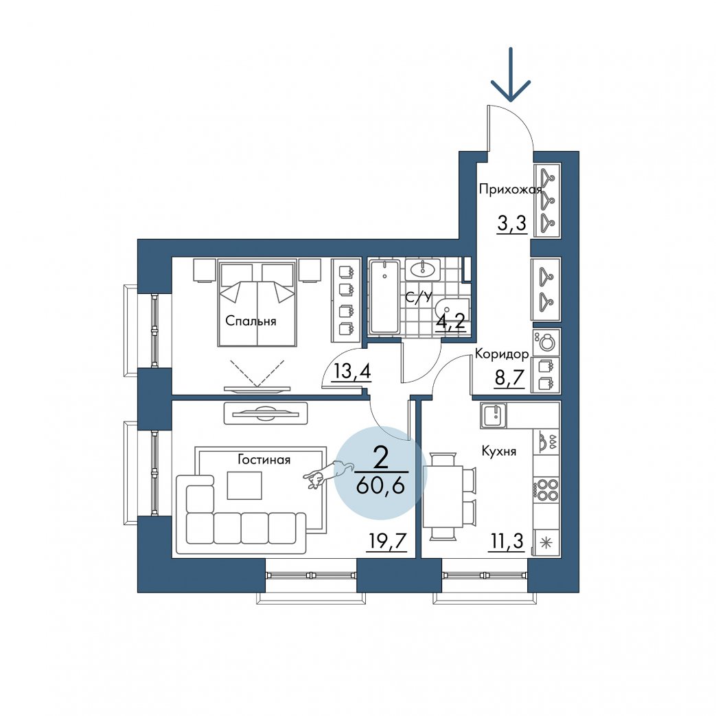 Фото объекта 2-комнатная квартира в ПОРТОВЫЙ - лофт-район на берегу Енисея, Складкская, 2-й этаж, 2к, 60.60м² от застройщика Арбан — 21039