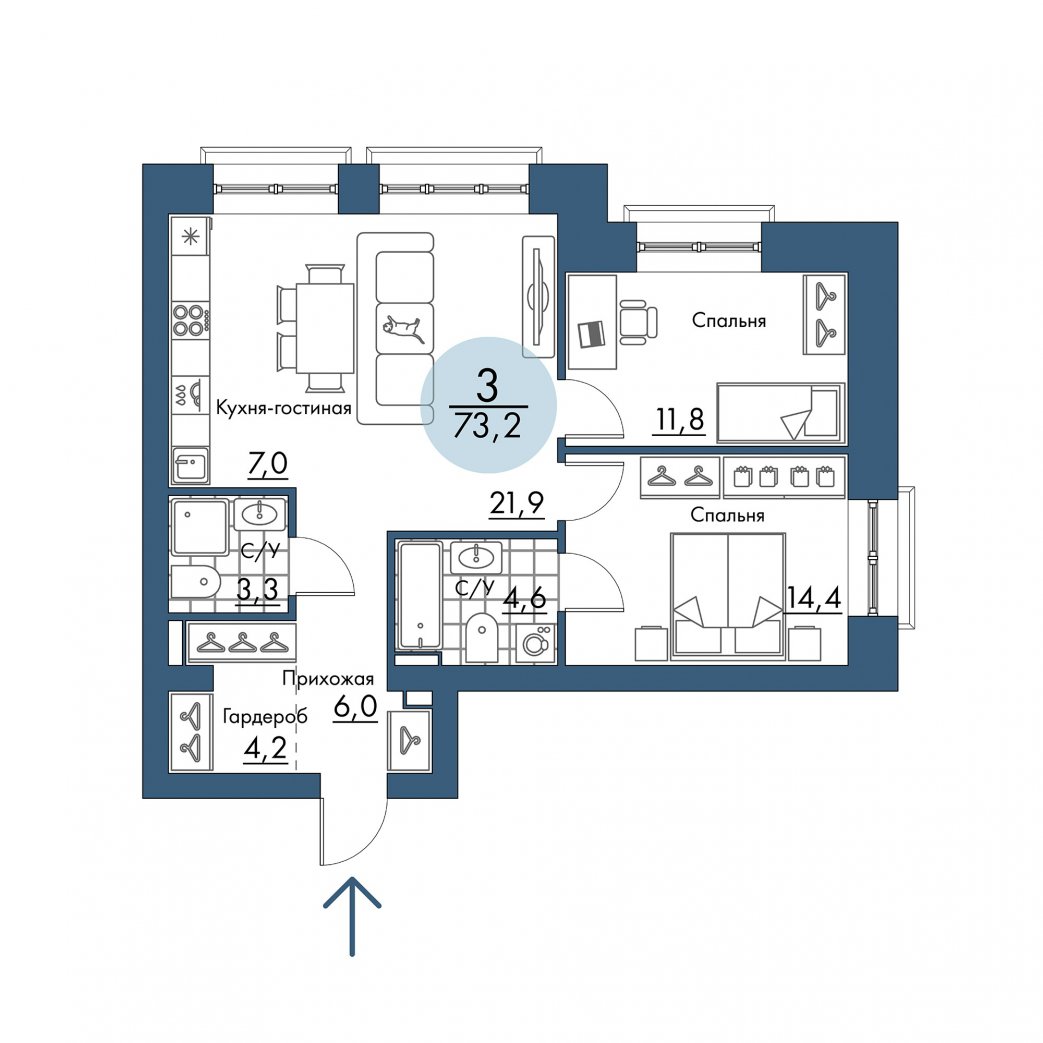 Фото объекта 3-комнатная квартира в ПОРТОВЫЙ - лофт-район на берегу Енисея, Складкская, 2-й этаж, 3к, 73.20м² от застройщика Арбан — 21041