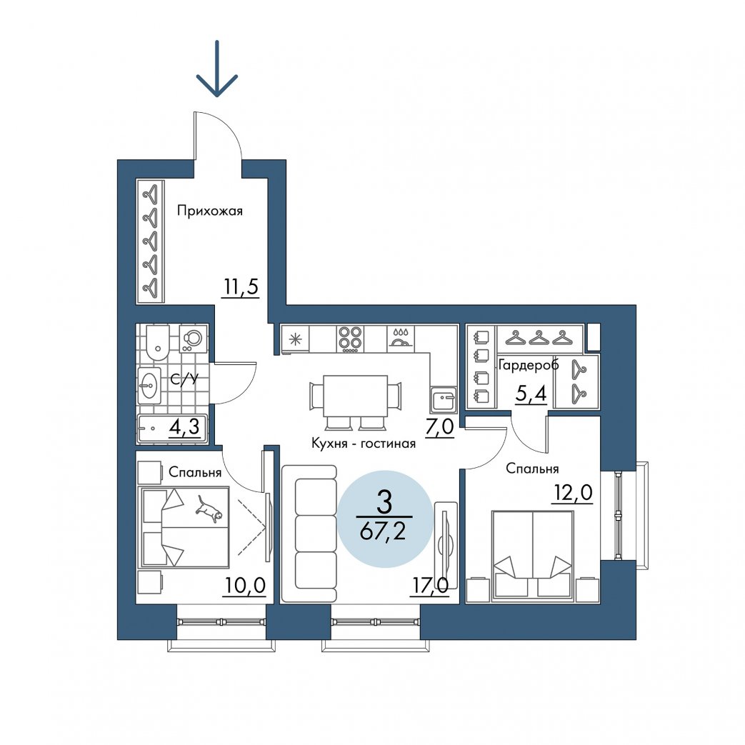 Фото объекта 3-комнатная квартира в ПОРТОВЫЙ - лофт-район на берегу Енисея, Складкская, 2-й этаж, 3к, 67.20м² от застройщика Арбан — 21044