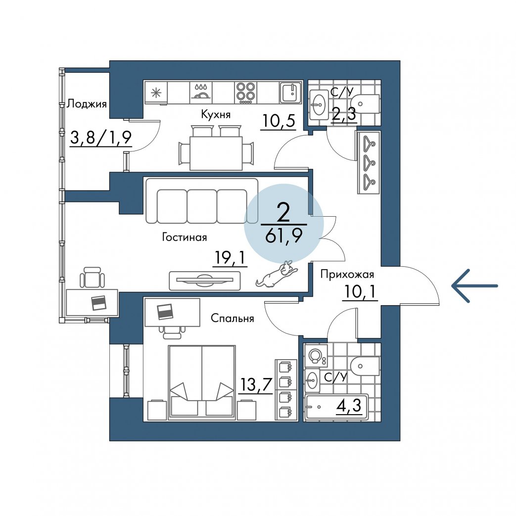 Фото объекта 2-комнатная квартира в ПОРТОВЫЙ - лофт-район на берегу Енисея, Складкская, 9-й этаж, 2к, 61.90м² от застройщика Арбан — 21094