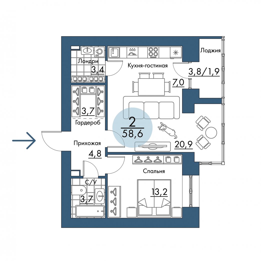Фото объекта 2-комнатная квартира в ПОРТОВЫЙ - лофт-район на берегу Енисея, Складкская, 5-й этаж, 2к, 58.60м² от застройщика Арбан — 21067