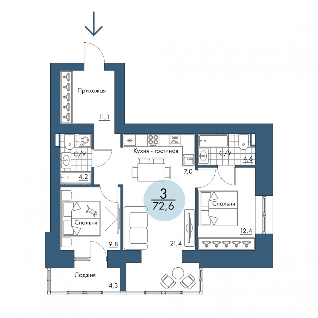 Фото объекта 3-комнатная квартира в ПОРТОВЫЙ - лофт-район на берегу Енисея, Складская, 13-й этаж, 3к, 72.60м² от застройщика Арбан — 20876