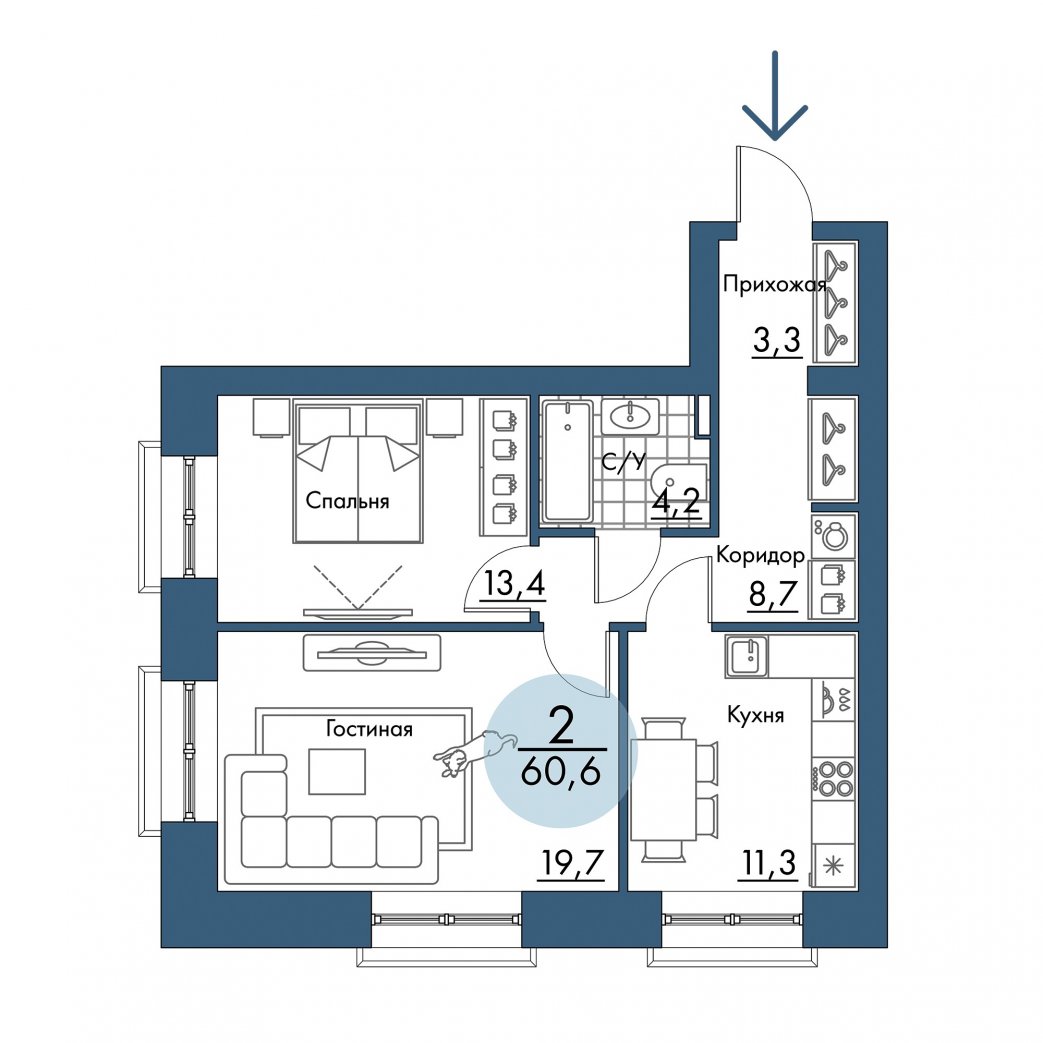 Фото объекта 2-комнатная квартира в ПОРТОВЫЙ - лофт-район на берегу Енисея, Складская, 2-й этаж, 2к, 60.60м² от застройщика Арбан — 21165