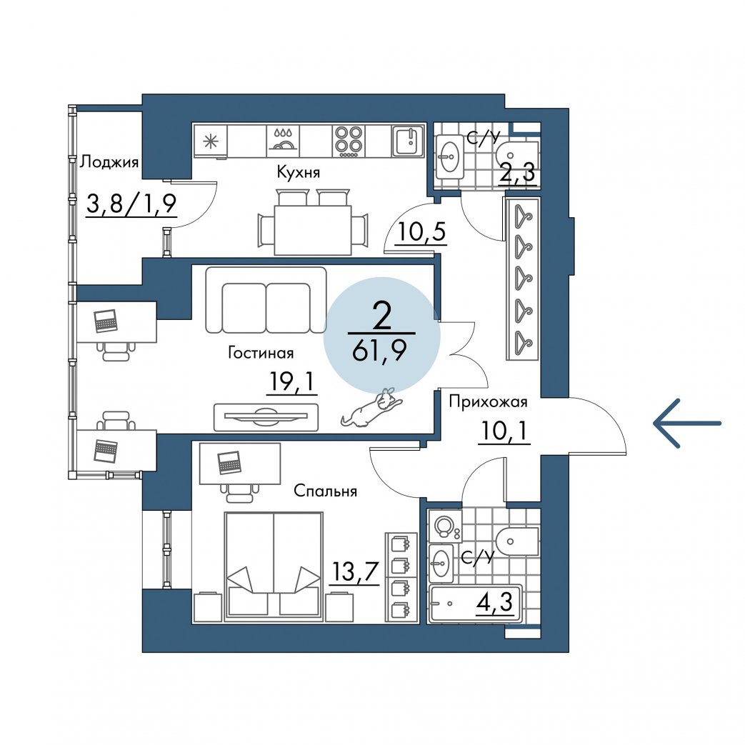 Фото объекта 2-комнатная квартира в ПОРТОВЫЙ - лофт-район на берегу Енисея, Складская, 8-й этаж, 2к, 61.90м² от застройщика Арбан — 21214