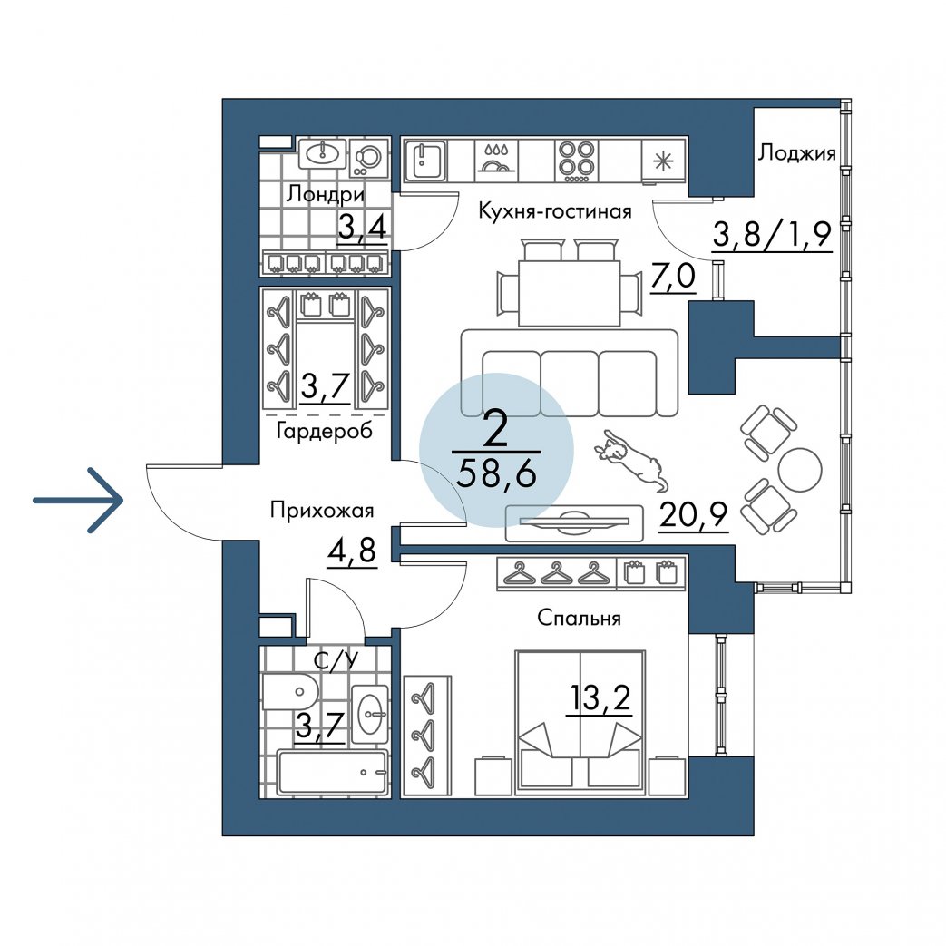 Фото объекта 2-комнатная квартира в ПОРТОВЫЙ - лофт-район на берегу Енисея, Складская, 5-й этаж, 2к, 58.60м² от застройщика Арбан — 21199