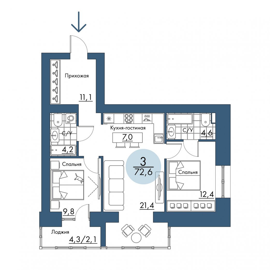 Фото объекта 3-комнатная квартира в ПОРТОВЫЙ - лофт-район на берегу Енисея, Складская, 12-й этаж, 3к, 72.60м² от застройщика Арбан — 21252