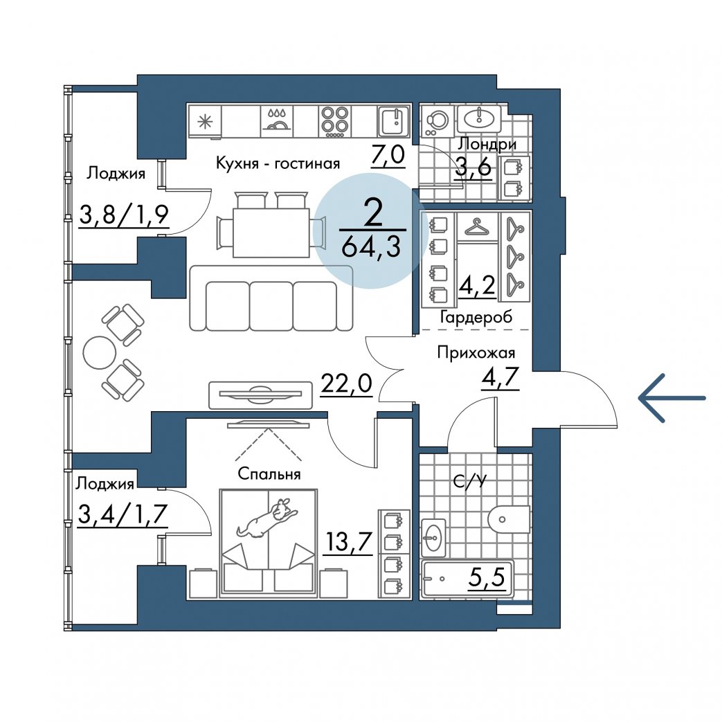 Фото объекта 2-комнатная квартира в ПОРТОВЫЙ - лофт-район на берегу Енисея, Складская, 13-й этаж, 2к, 64.30м² от застройщика Арбан — 21254