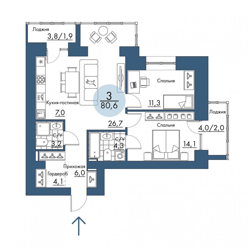 Фото объекта 3-комнатная квартира в ПОРТОВЫЙ - лофт-район на берегу Енисея, Складская, 13-й этаж, 3к, 80.60м² от застройщика Арбан — 21256