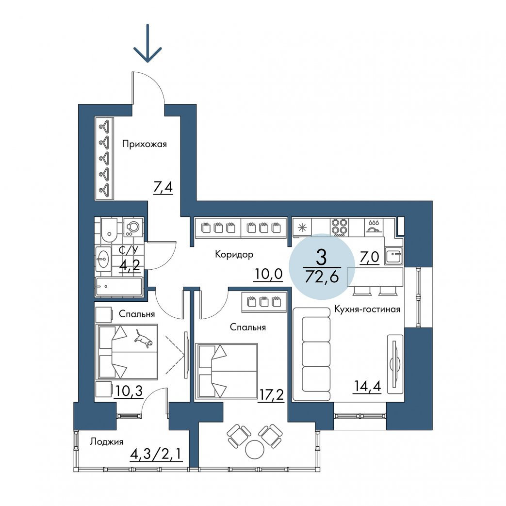 Фото объекта 3-комнатная квартира в ПОРТОВЫЙ - лофт-район на берегу Енисея, Складская, 14-й этаж, 3к, 72.60м² от застройщика Арбан — 21268