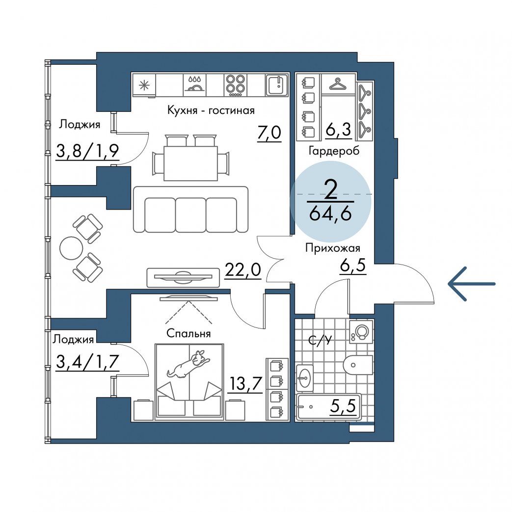 Фото объекта 2-комнатная квартира в ПОРТОВЫЙ - лофт-район на берегу Енисея, Складская, 17-й этаж, 2к, 64.60м² от застройщика Арбан — 21286