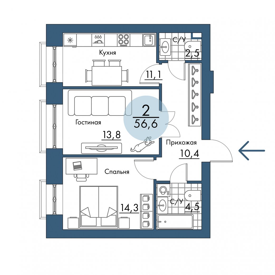 Фото объекта 2-комнатная квартира в ПОРТОВЫЙ - лофт-район на берегу Енисея, Складская, 2-й этаж, 2к, 56.60м² от застройщика Арбан — 21294