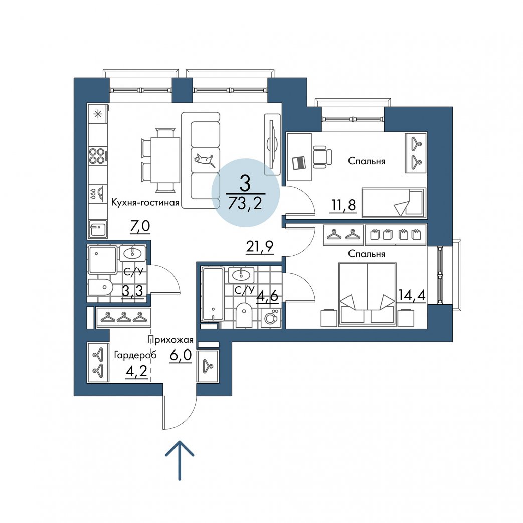Фото объекта 3-комнатная квартира в ПОРТОВЫЙ - лофт-район на берегу Енисея, Складская, 2-й этаж, 3к, 73.20м² от застройщика Арбан — 21297