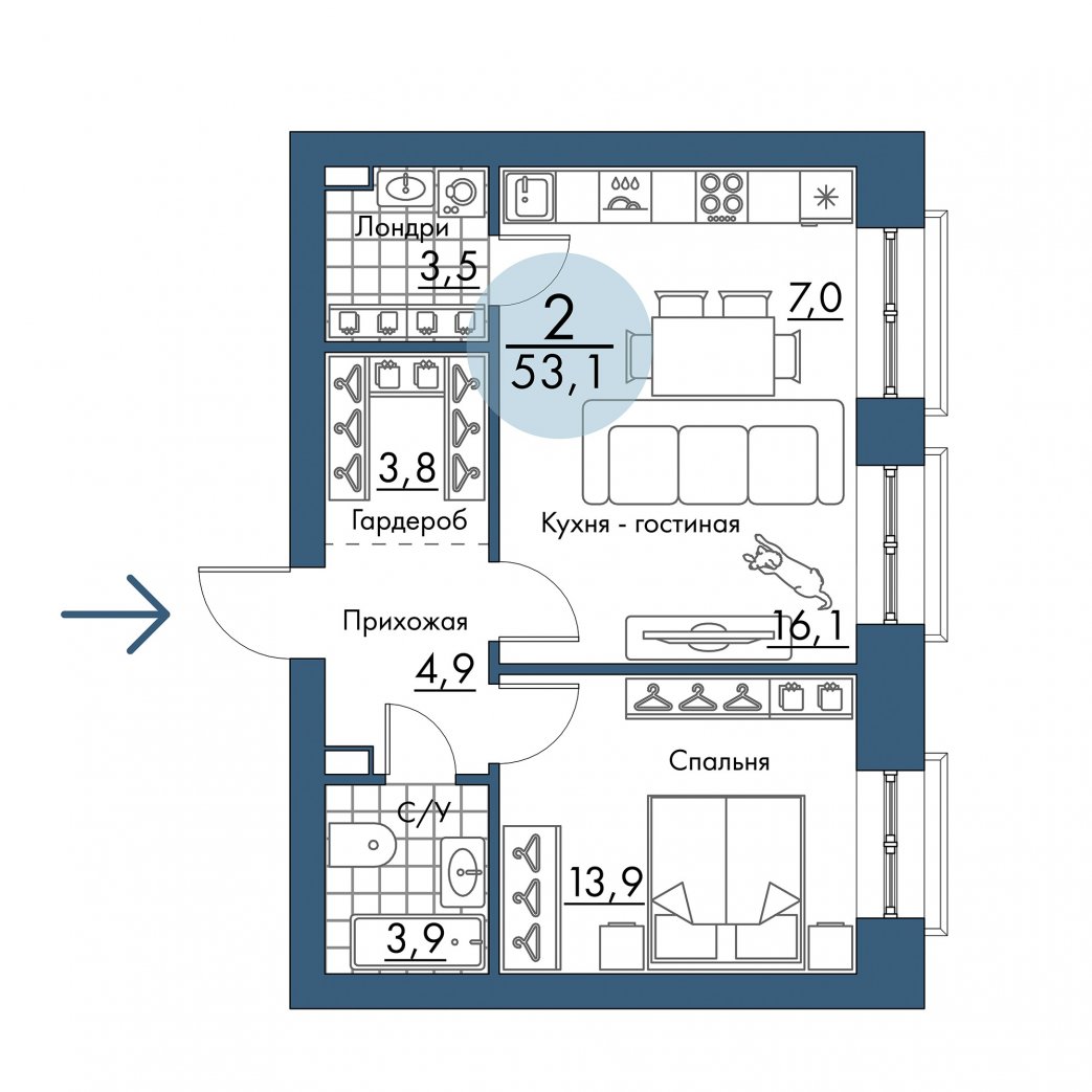 Фото объекта 2-комнатная квартира в ПОРТОВЫЙ - лофт-район на берегу Енисея, Складская, 2-й этаж, 2к, 53.10м² от застройщика Арбан — 21299