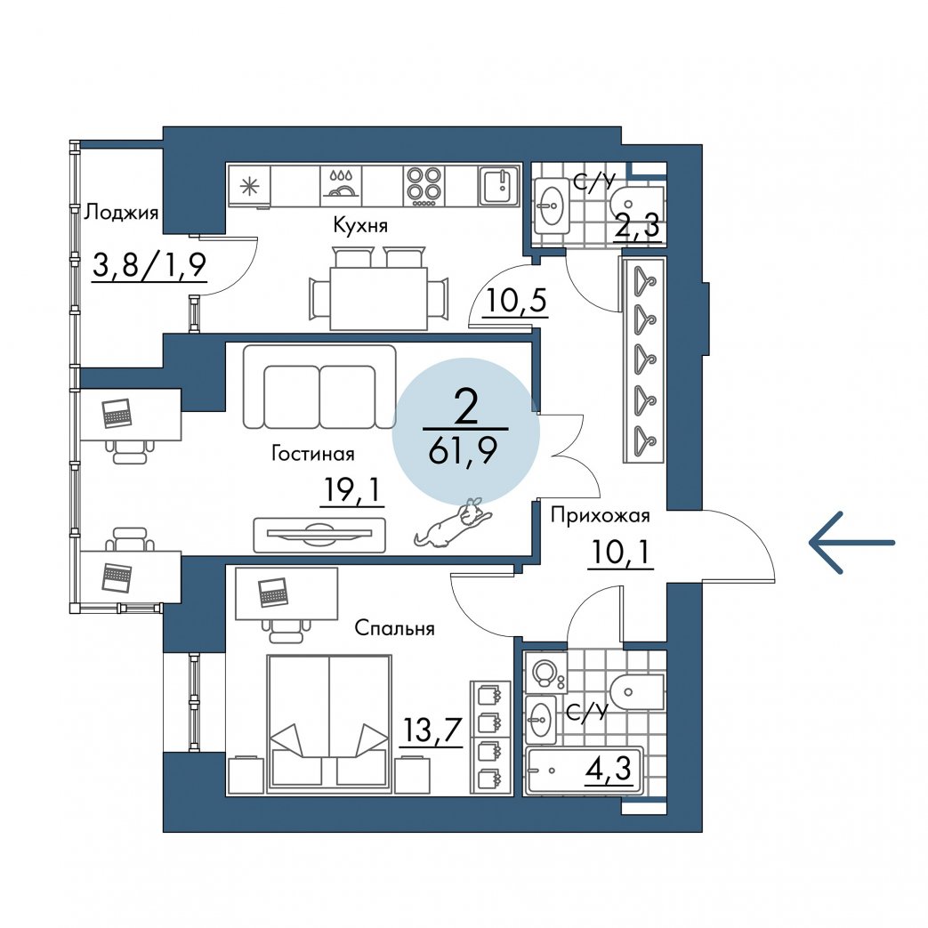 Фото объекта 2-комнатная квартира в ПОРТОВЫЙ - лофт-район на берегу Енисея, Складская, 6-й этаж, 2к, 61.90м² от застройщика Арбан — 21326