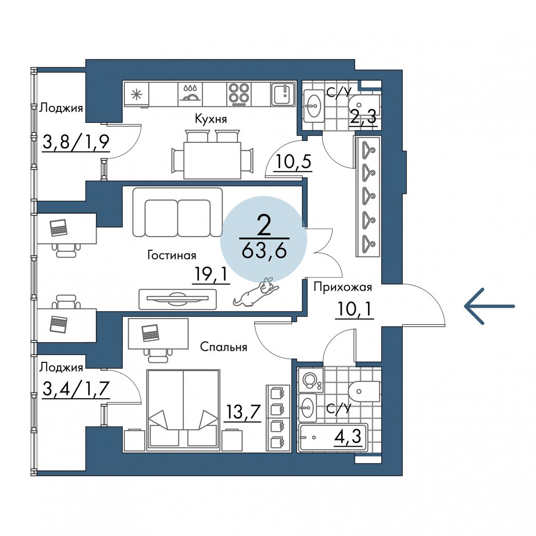 Фото объекта 2-комнатная квартира в ПОРТОВЫЙ - лофт-район на берегу Енисея, Складская, 5-й этаж, 2к, 63.60м² от застройщика Арбан — 21318