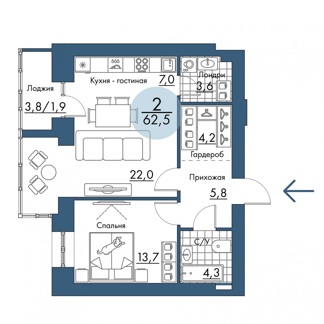 Фото объекта 2-комнатная квартира в ПОРТОВЫЙ - лофт-район на берегу Енисея, Складская, 12-й этаж, 2к, 62.50м² от застройщика Арбан — 21374