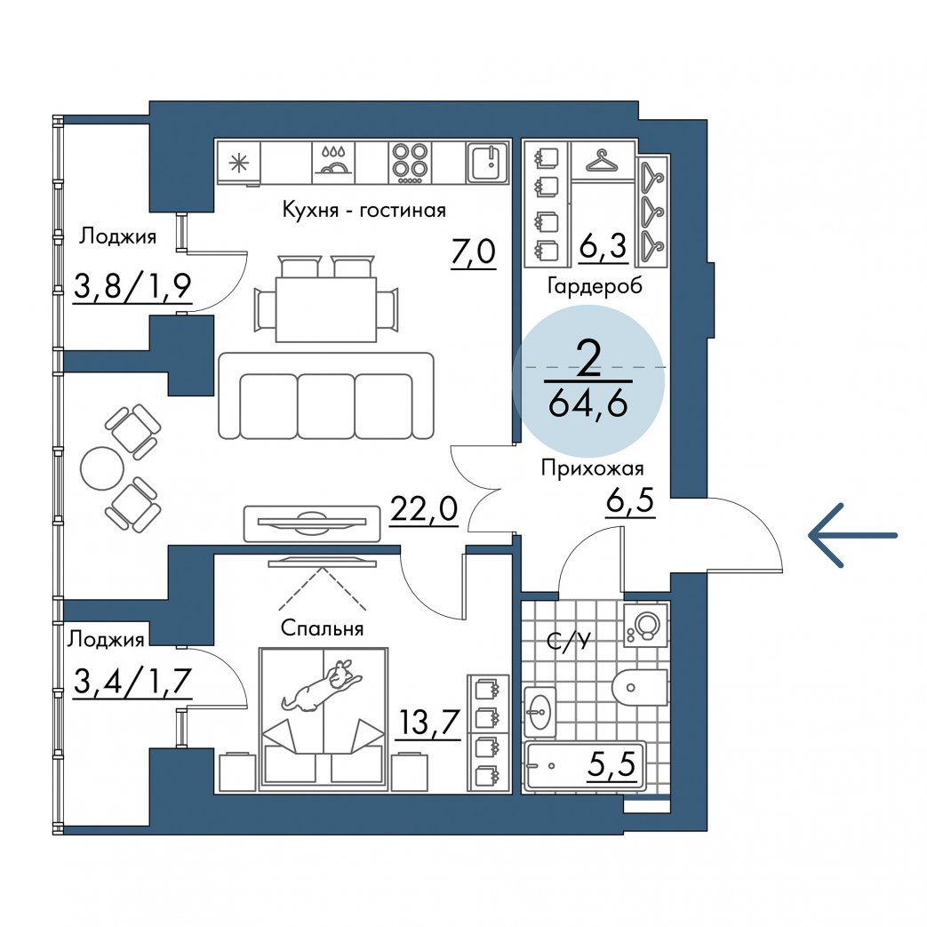 Фото объекта 2-комнатная квартира в ПОРТОВЫЙ - лофт-район на берегу Енисея, Складская, 16-й этаж, 2к, 64.60м² от застройщика Арбан — 21406
