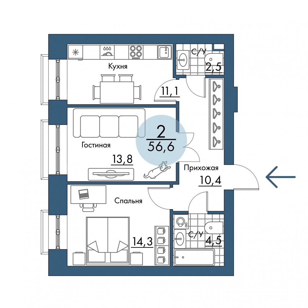 Фото объекта 2-комнатная квартира в ПОРТОВЫЙ - лофт-район на берегу Енисея, Складская, 2-й этаж, 2к, 56.60м² от застройщика Арбан — 21421