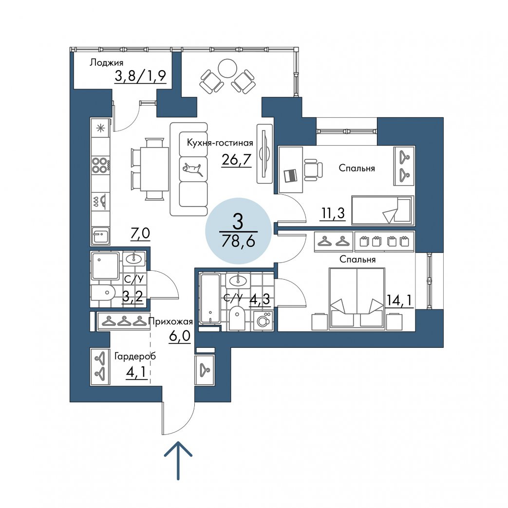 Фото объекта 3-комнатная квартира в ПОРТОВЫЙ - лофт-район на берегу Енисея, Складская, 8-й этаж, 3к, 78.60м² от застройщика Арбан — 21473