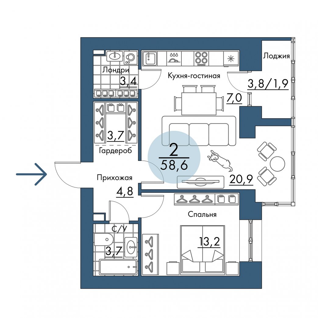 Фото объекта 2-комнатная квартира в ПОРТОВЫЙ - лофт-район на берегу Енисея, Складская, 3-й этаж, 2к, 58.60м² от застройщика Арбан — 21435