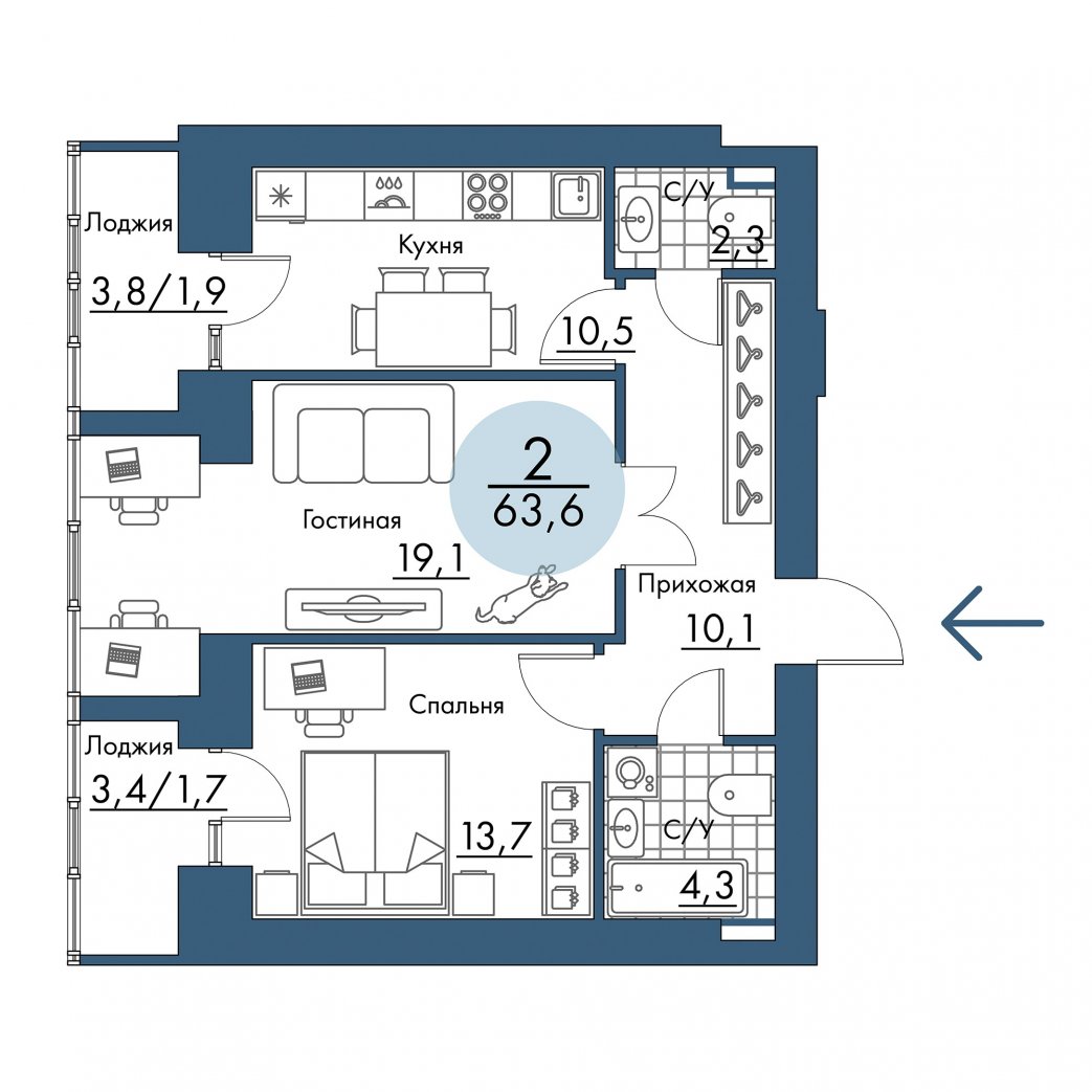 Фото объекта 2-комнатная квартира в ПОРТОВЫЙ - лофт-район на берегу Енисея, Складская, 5-й этаж, 2к, 63.60м² от застройщика Арбан — 21448