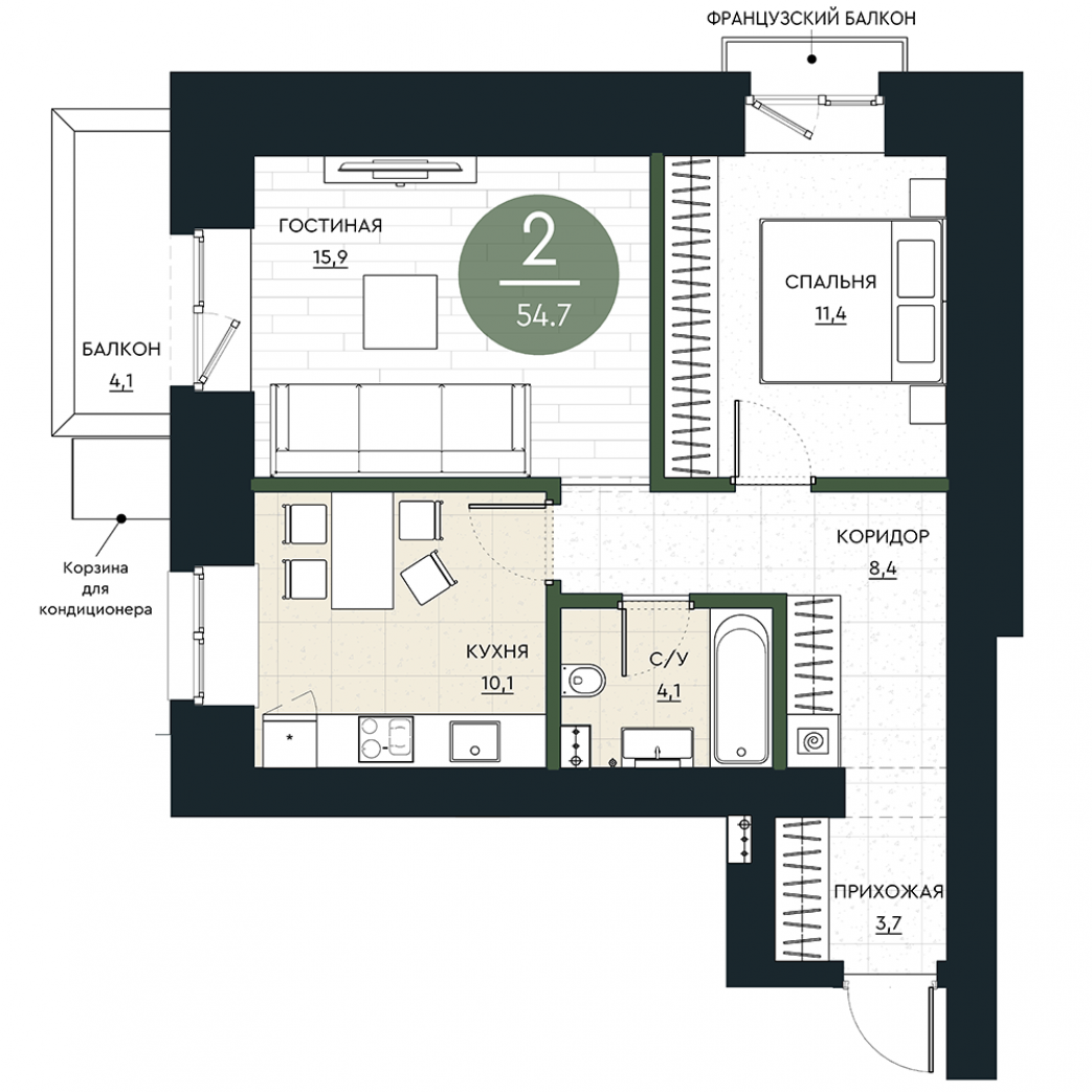 Фото объекта 2-комнатная квартира в Калина Долина, 14-й этаж, 2к, 54.70м² от застройщика Арбан — 23139