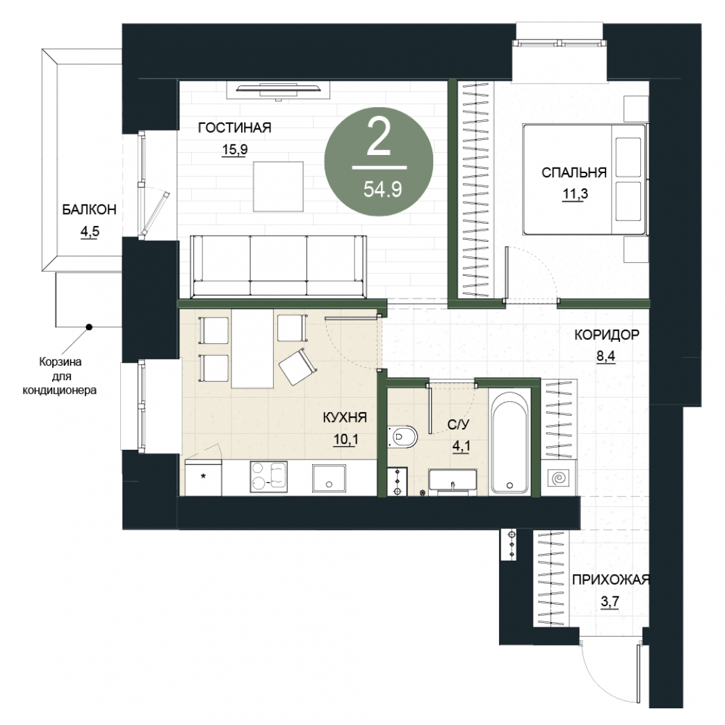 Фото объекта 2-комнатная квартира в Калина Долина, 13-й этаж, 2к, 54.90м² от застройщика Арбан — 23299