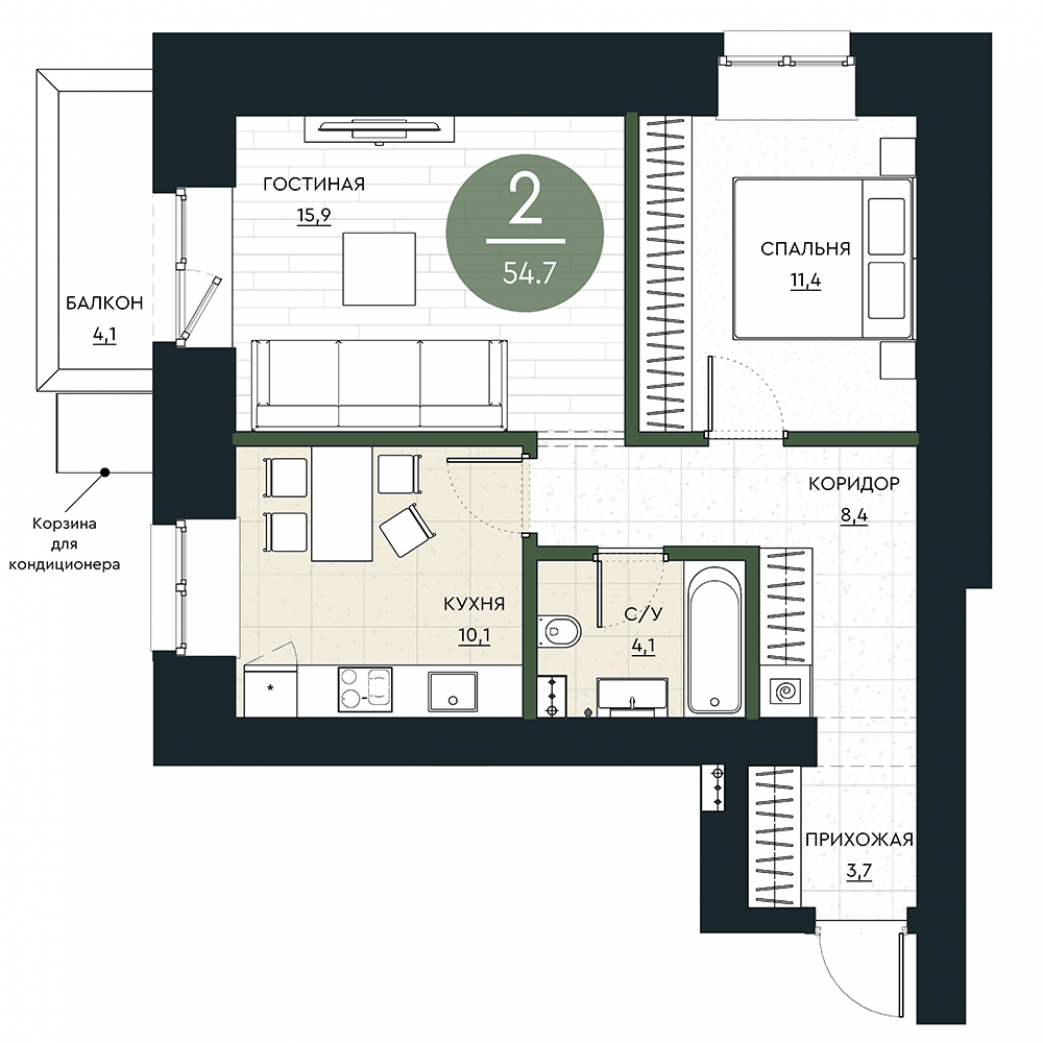 Фото объекта 2-комнатная квартира в Калина Долина, 5-й этаж, 2к, 54.70м² от застройщика Арбан — 23040